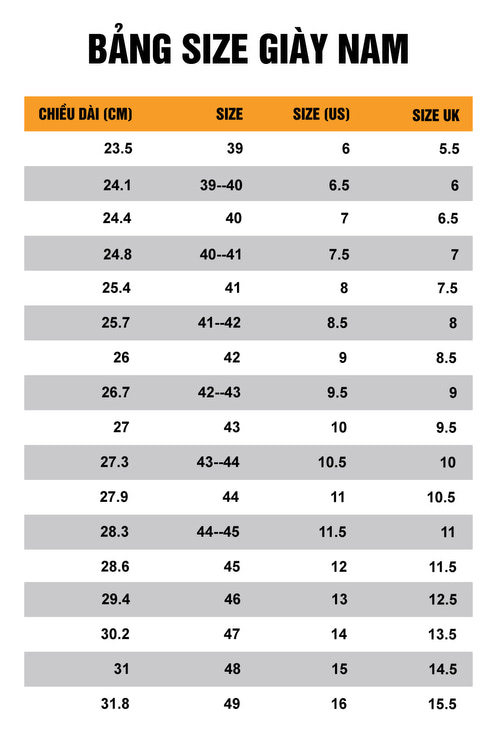 Bảng đo chân size giày nam chuẩn