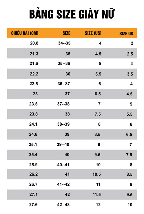 bảng đo chân size giày nữ chuẩn